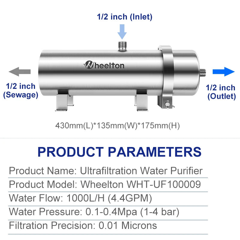 PVDF 1000L Water Purifie Whole House Ultration Water Filter system 0.01um Filter SUS304  0.01μm Lasts Exceed 5 Years Life