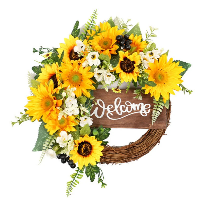 Spring Artificial Sunflower Wreath For Front Door Yellow Decorative Summer Floral Door Wreath Welcome Sign Wall Home Decoration