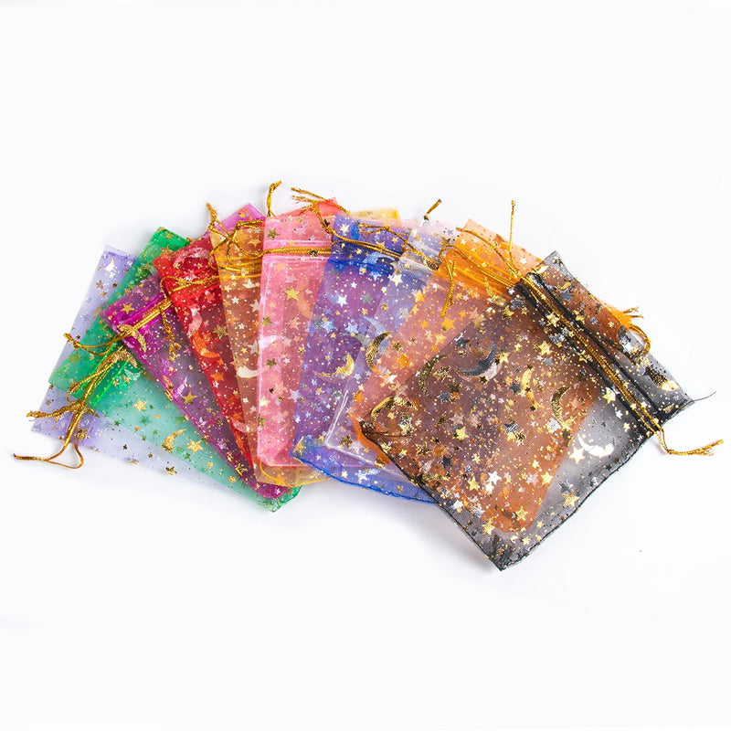 50Pcs Eid Mubarak Decoration Mesh Bag Organza Hot Stamping Silver Star Moon Candy Gift Drawstring Packaging Bag Party Supplies