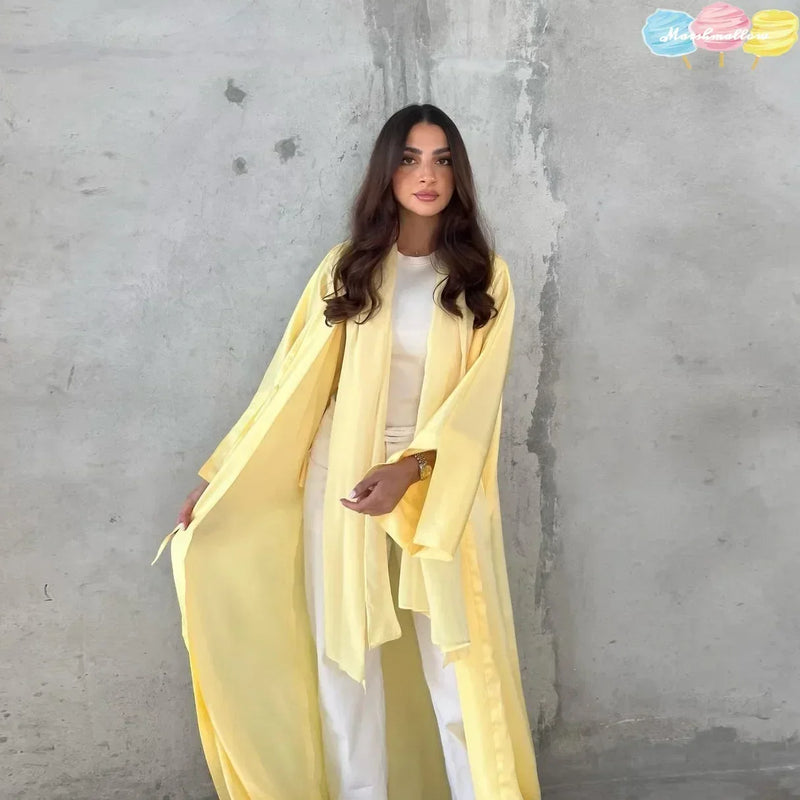 Muslim Women Pink Satin Kimono Abaya Damen Dubai Elegant Luxury Kaftan Modest Dress Islam Caftan Marocain Robe Femme Musulmane