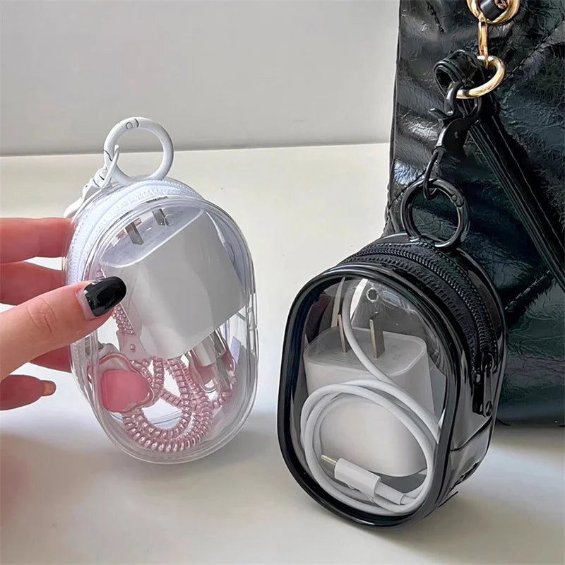 New Round Black PVC Transparent Cosmetic Bags Jewelry Organizer Portable Data Cable Earphone Coin Charger Storage Pouches