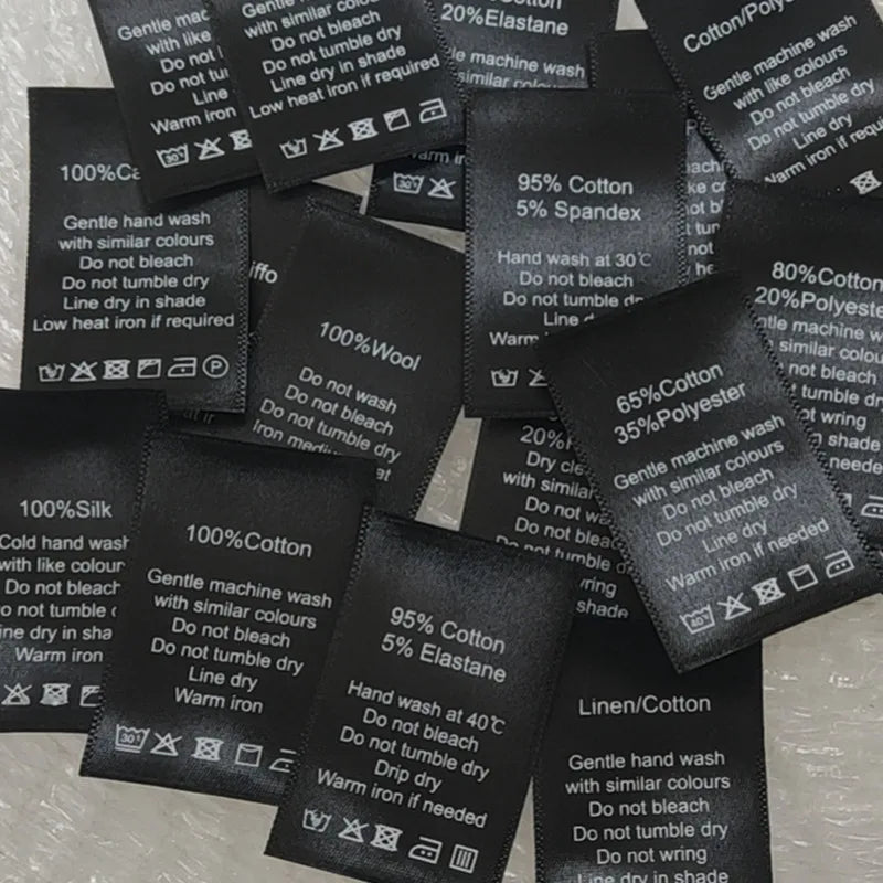 100PCS In Stock Satin Print Washing Labels Clothing Labels Cotton/Silk/Cashmere/Wool/Linen/Polyester Black Care Label