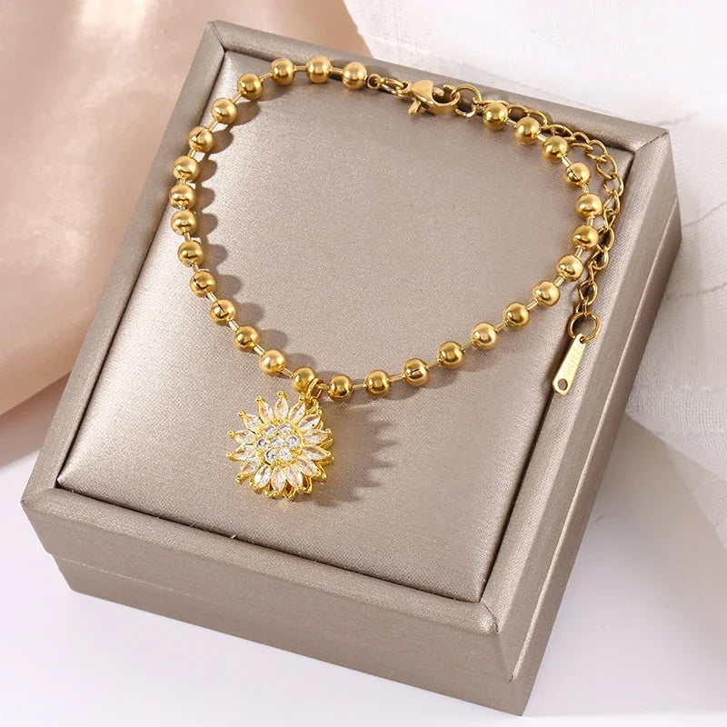 Fashionable 360° rotating sunflower zircon ball titanium steel bracelet for ladies birthday gift Christmas gift