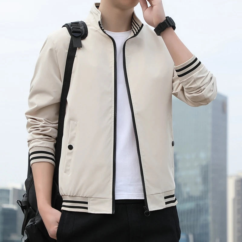 2024 New Coat Men's Trendy Slim Fit Top Spring and Autumn Leisure Standing Collar Youth Striped Jacket