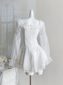 White French Elegant Evening Party Dress Women Casual Sexy Lace Puffed Sleeve Short Robe Summer Korean Y2k Sweet Mini Dress Chic