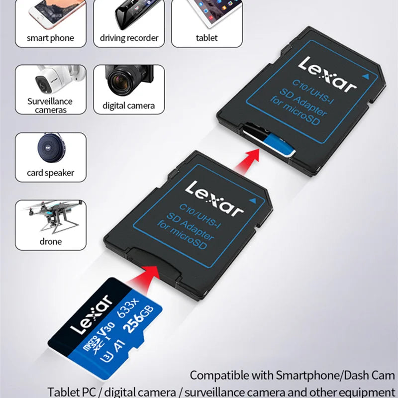 Lexar Memory Card 633x High Speed 32GB U1 V10 A1 Class 10 UHS-I 64GB 128GB 256GB 512GB Micro SD Card V30 U3 TF Card