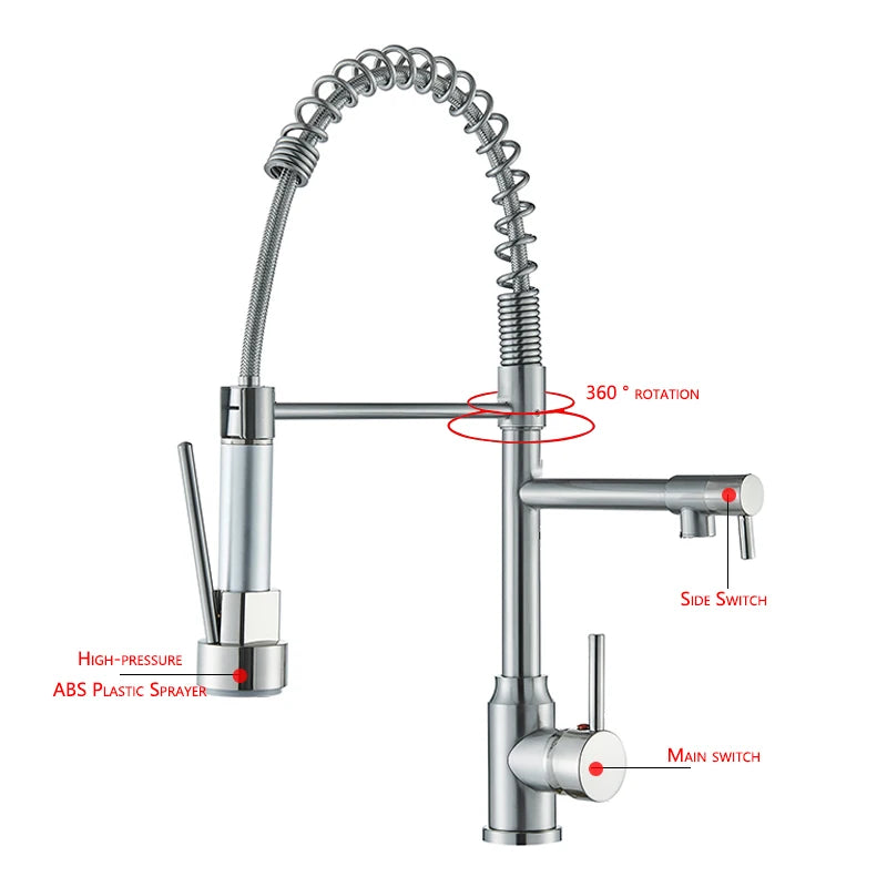 Nickel Kitchen Sink Faucet Pull Down Hot and Cold Water Mixer2 Mode Tap with Dual Spout 360 Rotation Flexible Deck Mounted