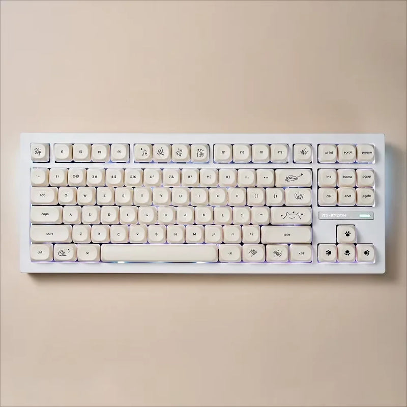 Milk White Kitten MOA Keycaps PBT 124 Keys Cute Kitten Dog Small Font for 60/84/98/108 Mechanical Keyboards