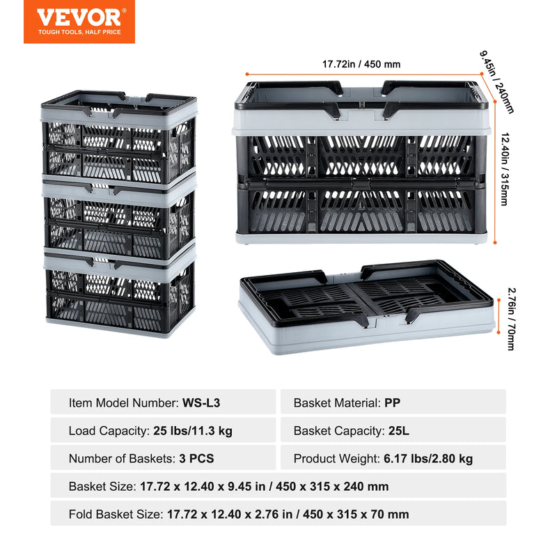 SucceBuy 3pcs Foldable Storage Basket Collapsible Shopping Crate with Handle for Kitchen Grocery Room Desktop Organization