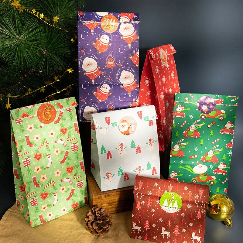Merry Christmas Kraft Paper Bags Navidad Xmas Packaging Bag with Stickers Advent Calendar Gift Pocket Noel Party Supplies 24pcs