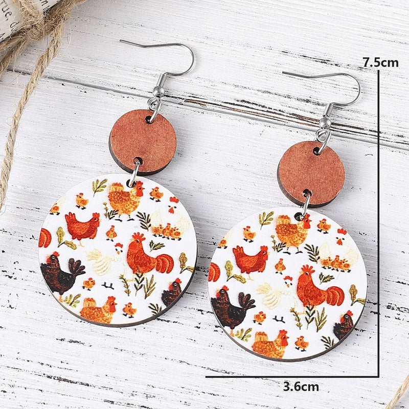 New Cute Chicken Lover Earrings Farm Animal Earrings Personalized Double Sided Wood Round Earrings Lover Gift