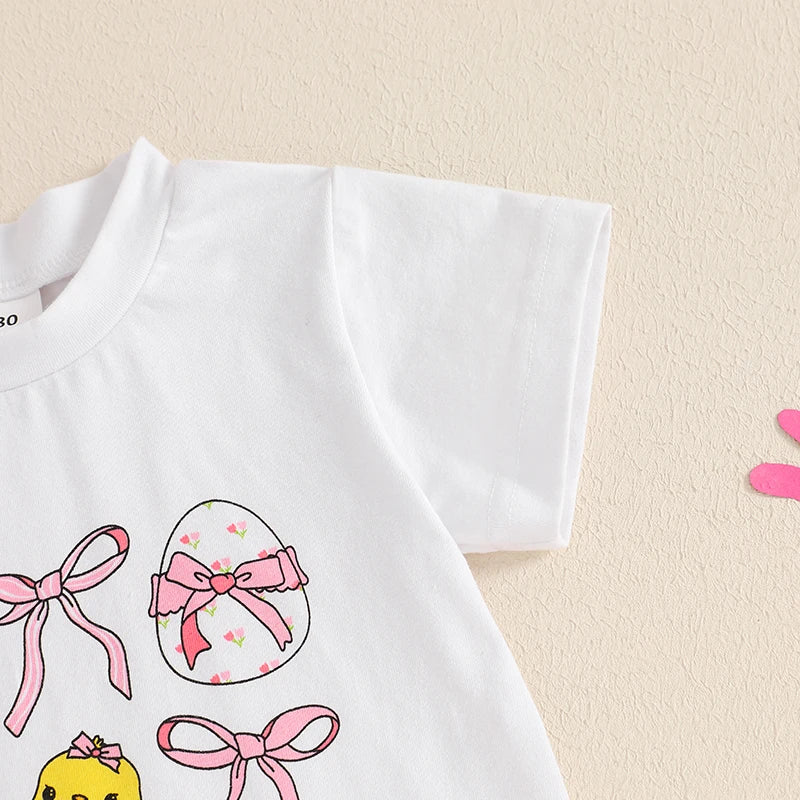 Adorable Toddler Girl Easter Outfit with Bunny Print Short Sleeve Crew Neck Tops and Double Layered Tulle Bow Skirt - 2 Piece