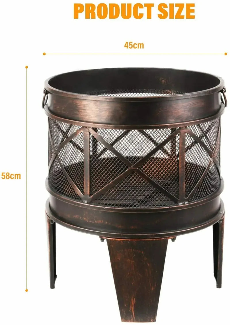 Garden Fire Pit 58X45cm Fire Basket with Spark Guard&Handles Garden Fireplace w/ Antique Rust Look Garden Fire Pit for Barbecue