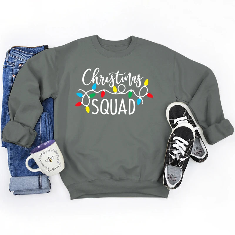 Christmas Lights Christmas Squad Print Crew Neck Sweatshirts Fashion Print Women Christmas Casual Sweatshirts Xmas Gifts