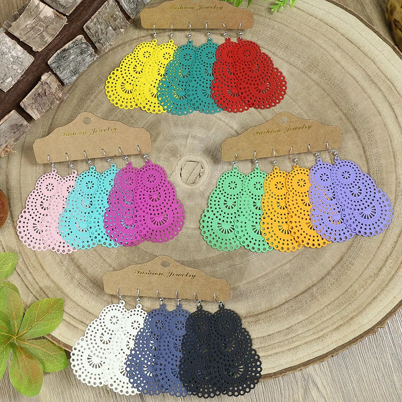 3pcs Candy Color Hollow Pattern Water Drop Earrings Set for Women Boho Ethnic Long Statement Dangle Earrings Wedding Jewelry