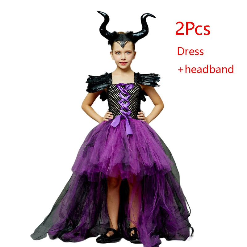 Disney Maleficent Halloween Costume Maleficent Tulle Dress Girls Cosplay Evil Queen Purple Mesh Princess Dress Kids Crow Wand