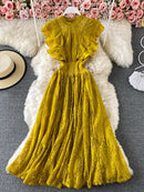 Vintage Purple/Green/Red Lace Midi Dress Women Sweet Round Neck Ruffle Vestidos Female High Waist Slim Robe Spring Autumn 2021