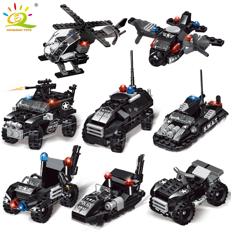 HUIQIBAO SWAT Police Ship 597pcs 8in1 Building Blocks Set City Truck Brick with Policeman Construction Toys for Children Boy