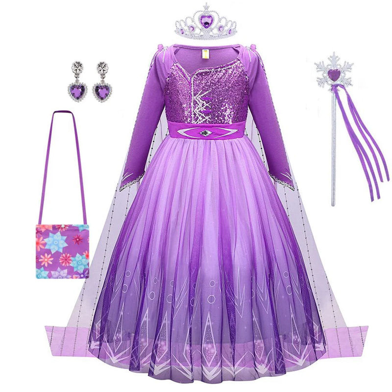 Girl Elsa Dress Princess Cosplay Purple Sequins Mesh Halloween Long Sleeves Ball Gown Birthday Party Carnival Costume