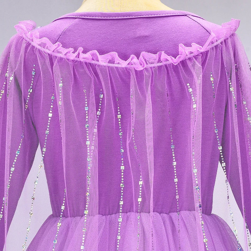 Girl Elsa Dress Princess Cosplay Purple Sequins Mesh Halloween Long Sleeves Ball Gown Birthday Party Carnival Costume