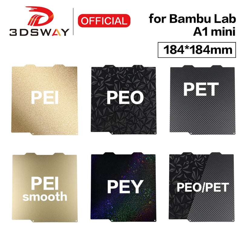 3DSWAY 3D Printer Parts Bambu Lab A1 mini Double sided PEI Build Plate Smooth Textured Spring Steel Sheet PEO/PET/PEY 184x184mm