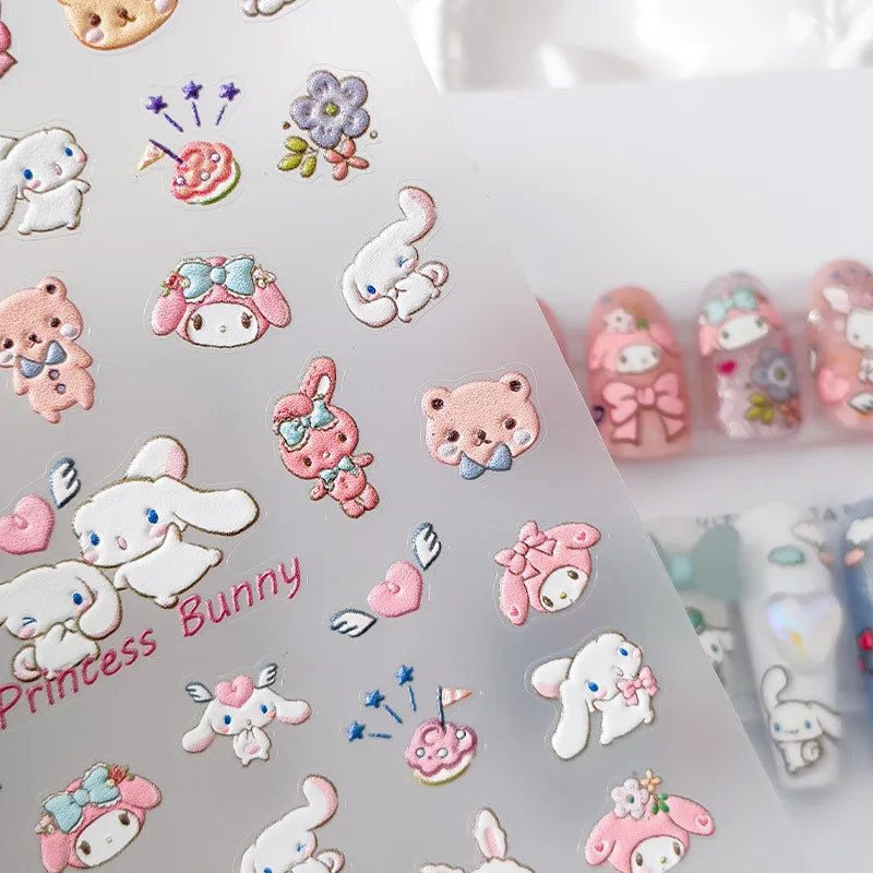 1PCS 5D Cartoon Kuromi Hello Kitty Nail Stickers Sanrio Animation Nail Art Decoration Sanrio Cute Melody Embossed Stickers
