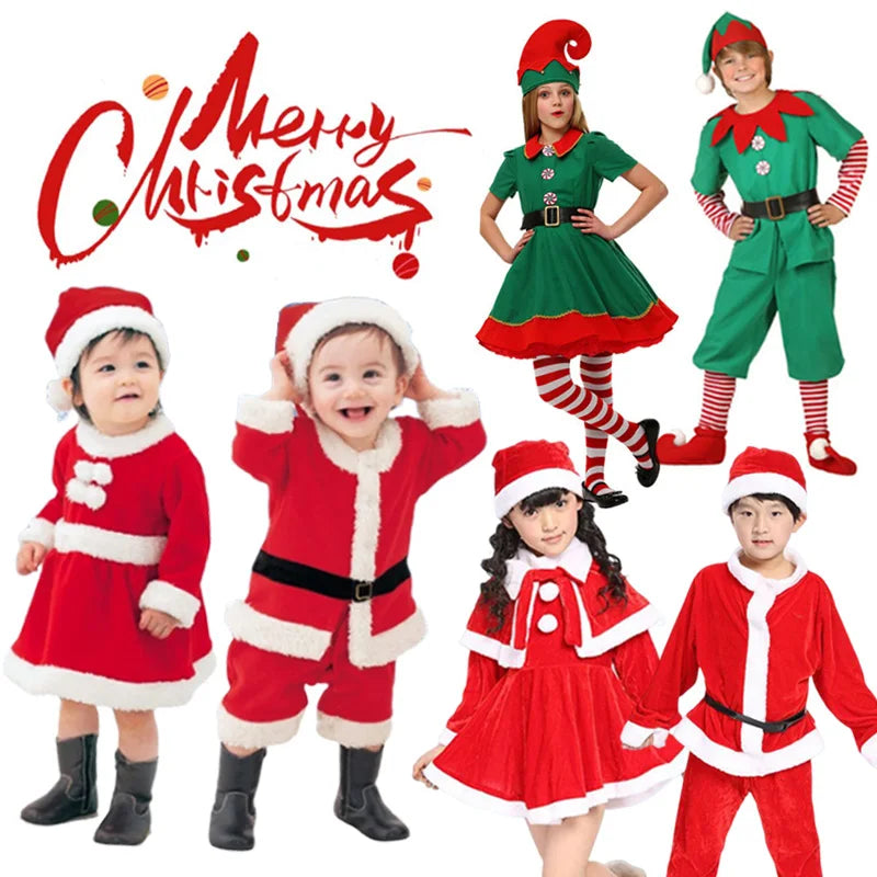 2025 New Christmas Costume For Kids Santa Claus Toddler Baby Red Xmas Clothes Party Red Dress Set Hat Included Christmas Dress