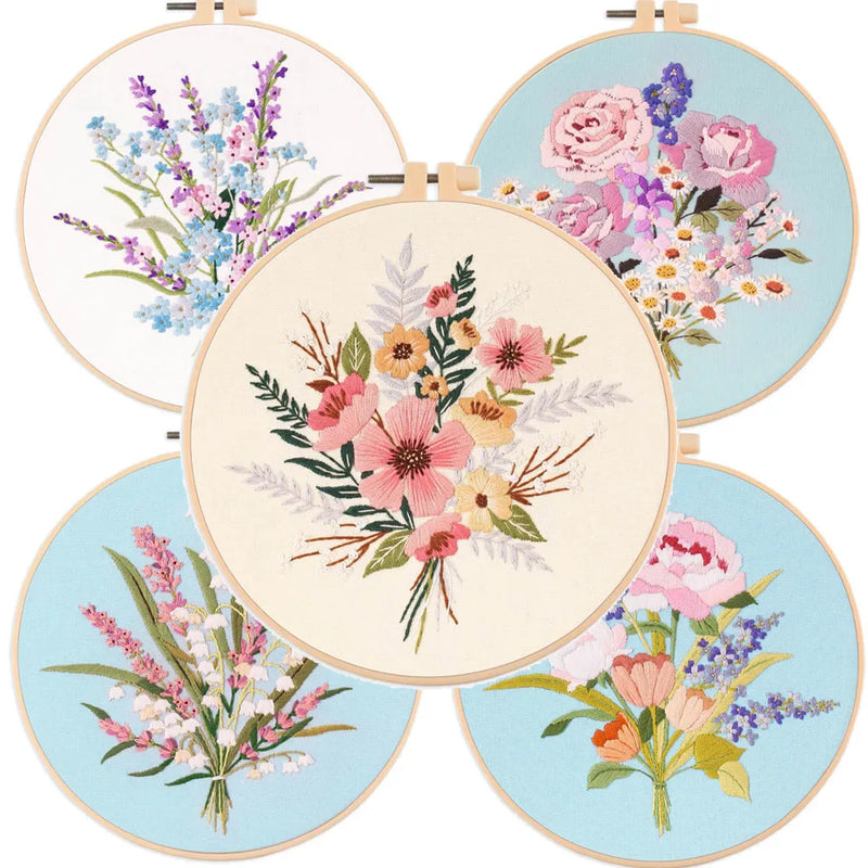 Embroidery Starter Kits with Floral Flower Patterns Embroidery Kit for Beginners Fabric Cross Stitch Kits for Adults DIY