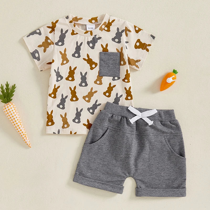 Toddler Boy Easter Outfit Bunny Print Short Sleeve T-shirt and Solid Shorts with Pockets 2 Piece Set for Baby Boys