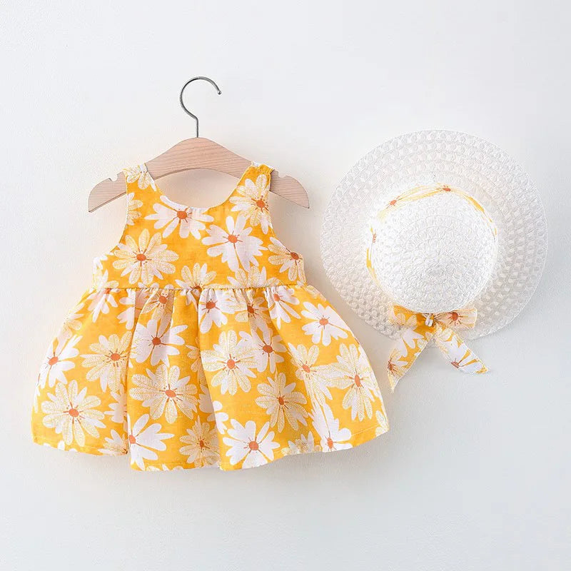 Summer New Girl Fashion Dress Small Chrysanthemum Hanging Strap Big Bow Princess Dress Party Dress 0-3 Years Old