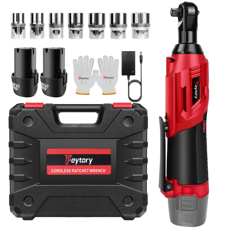 DayPlus 200NM 3/8" Cordless Electric Ratchet Wrench,90° Angle Wrench 12V Power Ratchet Tool with 2 Batteries & Charger+7 Sockets