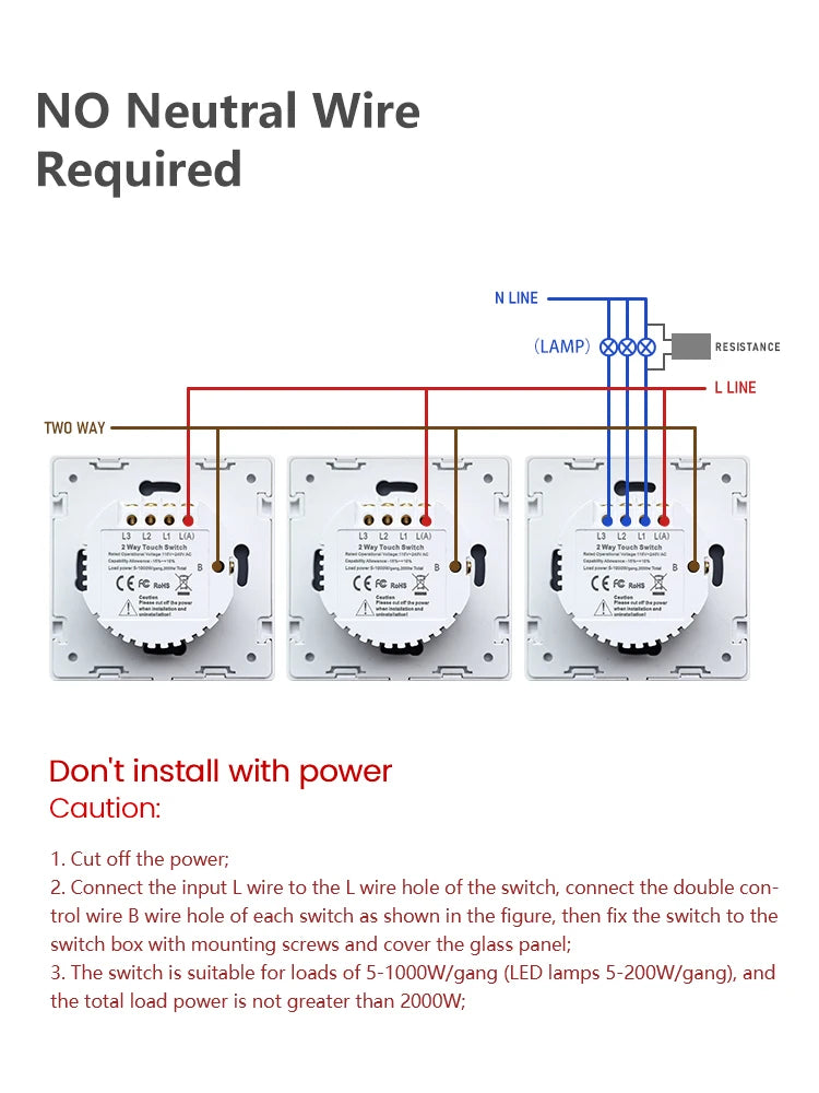 Logen Double-touch Switch 1/2/3Gang 2 Way Stair Switch EU Standard Need't Neutral Wire Glass Panel Wall Switch Stair Switch