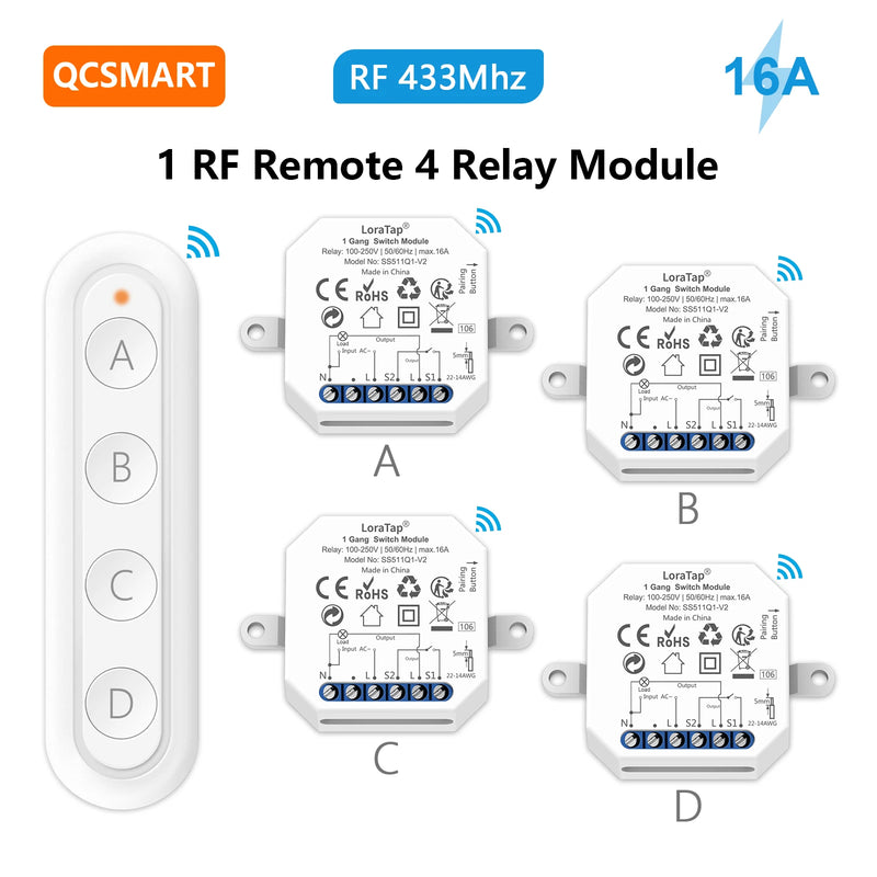 QCSMART Wireless RF 433Mhz 110-220V 16A Light Swich Relay Module Small Device with 4 Button Remote Controller