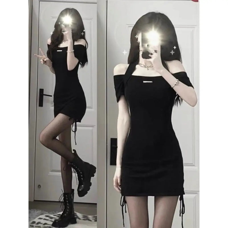 New Black Dress Summer Hanging Neck Strap Dress Sexy Slim Mini Dress Solid Color Dresses 2024 Fashion Hip wrap skirt girl dress