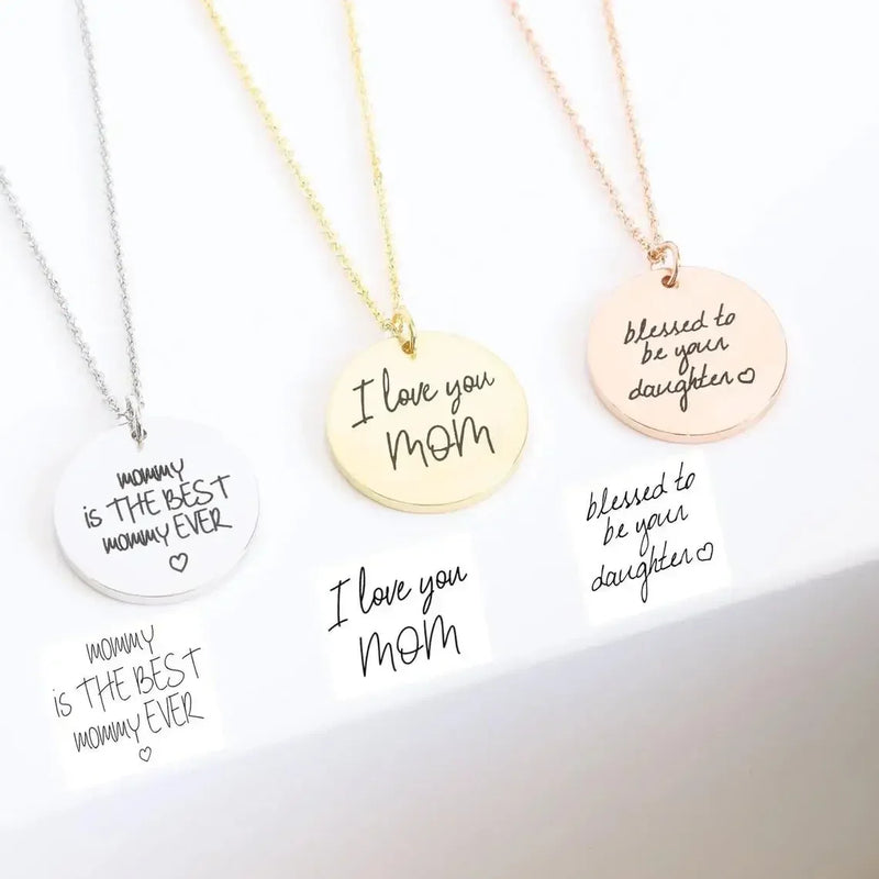 Actual Handwriting Custom Engraved Stainless Steel Round Pendant Necklace Personalization Memorial Signature Gift for Lovers