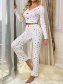 Autumn Winter Sleepwear Women Pajama Set Lace V-neck Bow Heart Print Long Sleeves Pullover &Trousers Loungewear Outfit