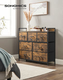 SONGMICS Chest of Drawers, Bedroom Cabinet, 7 Fabric Drawers with Handles, Metal Frame, Rustic Brown and Ink Black