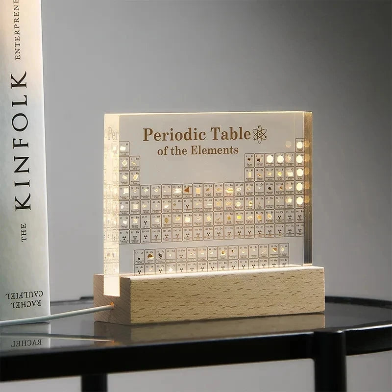 Periodic Table of The Elements with USB Light Wooden Base Desk Decoration Chemical Element Display Home Decor Ornament Crafts