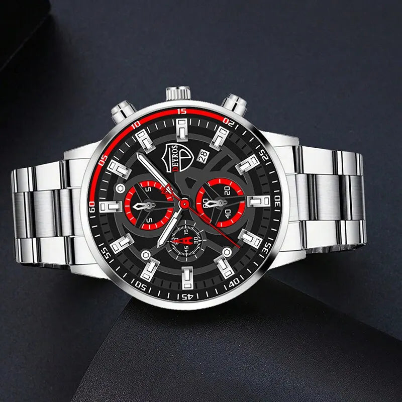 3PCS Set Fashion Luxury Mens Calendar Watches Male Casual Silver Quartz Watch Men Necklace Bracelet Wrist Watch