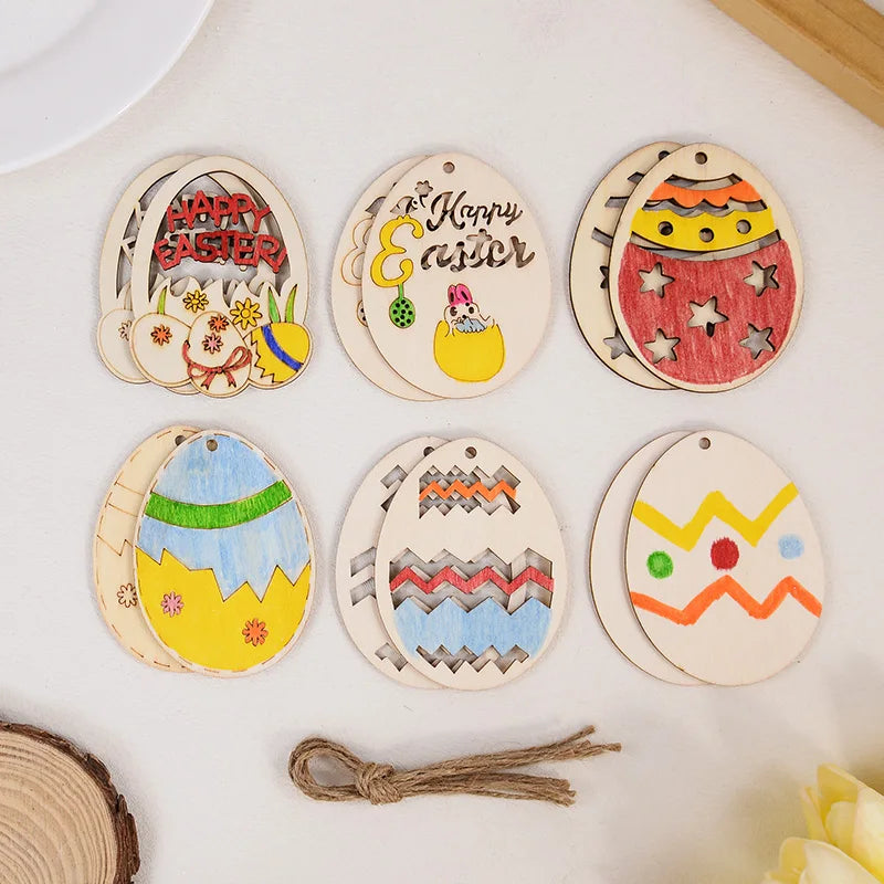 6/12Pcs Easter Egg Wooden Slice Kids DIY Painting Gift Hanging Pendant Unfinished Wood Crafts Happy Easter Party Home Decoration