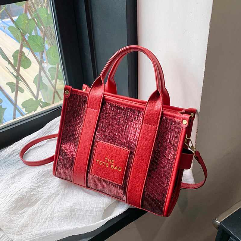 Women Party Tote Bag PU Leather Sequins Top-Handle Bags Casual Fashion Shiny Portable Adjustable Straps Shopper Tote Purse