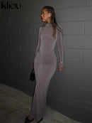 kliou Shirring Women Classic Maxi Dress Autumn New Solid Long Sleeve High Collar Body-shaping Vestidos Mujer Concise Trend Robe