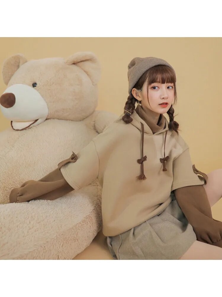 2XL Kawaii Hoodie Harajuku Bear Hooded Sweatshirt Women Korean Long Sleeve Oversized Hoodies Sweet Y2K Warm Winter Anime Hoodie