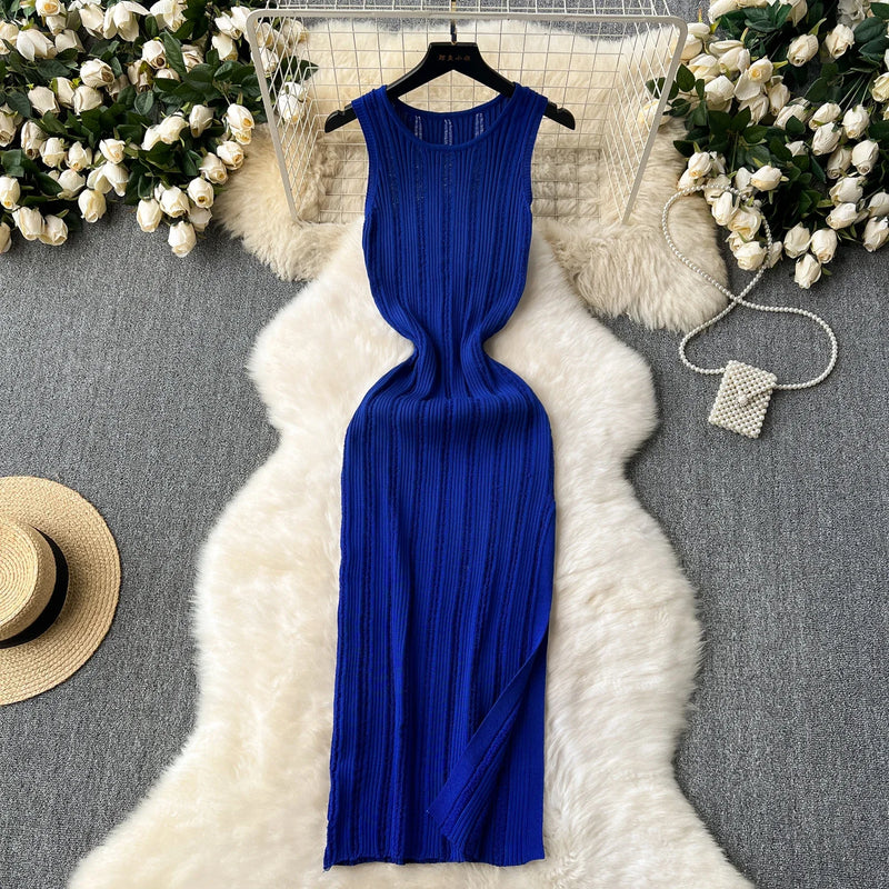 Green New Summer Knit Sexy Strap Dress Women Tank Elatic Waist Bodycon Sundress Female Beach Split Maxi Long Dress
