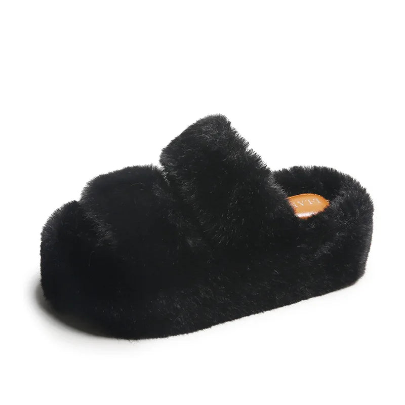 Summer Home Furry Fur Slides Plush Slippers Fluffy Flip Flops Luxury Slip on Platform Female 2023 Zapato De Mujer Designer