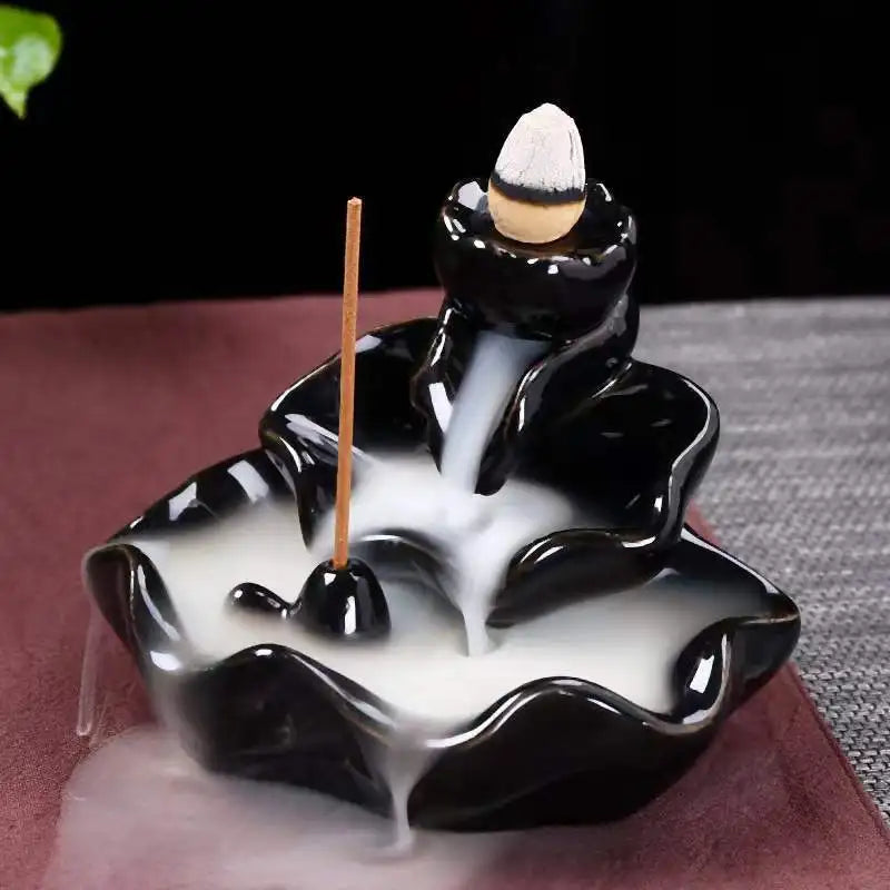 Black Backflow Incense Burner Lotus Fish Ceramics Sandalwood Incense Sticks Holder Small Home Decor Ornaments