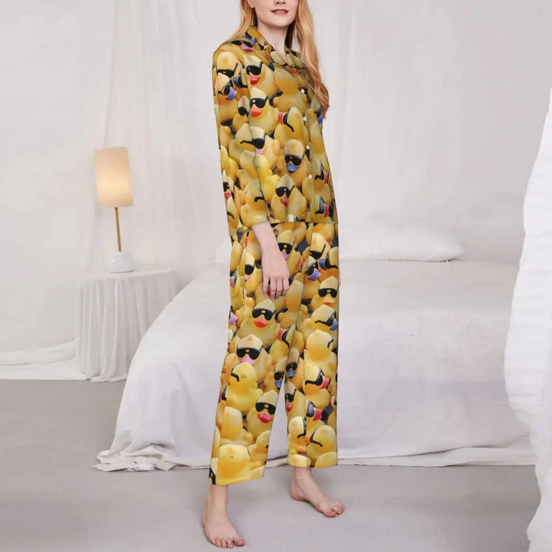 Pajamas Female Yellow Classic Ducks Daily Sleepwear Animal Two Piece Retro Pajama Sets Long Sleeve Elegant Oversize Home Suit