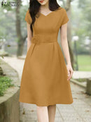 ANZEA 2025 Women Summer Work OL Midi Dresses Elegant V Neck Short Sleeve Dress Fashion Solid A Line Party Sundress Vestidos Robe