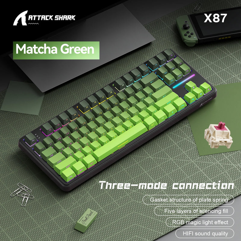 Gaming Keyboard X87 Attack Shark Side Engraved Translucent Character Wireless Mechanical Keyboard,RGB,Hot-Swap,Bluetooth Tri-mod