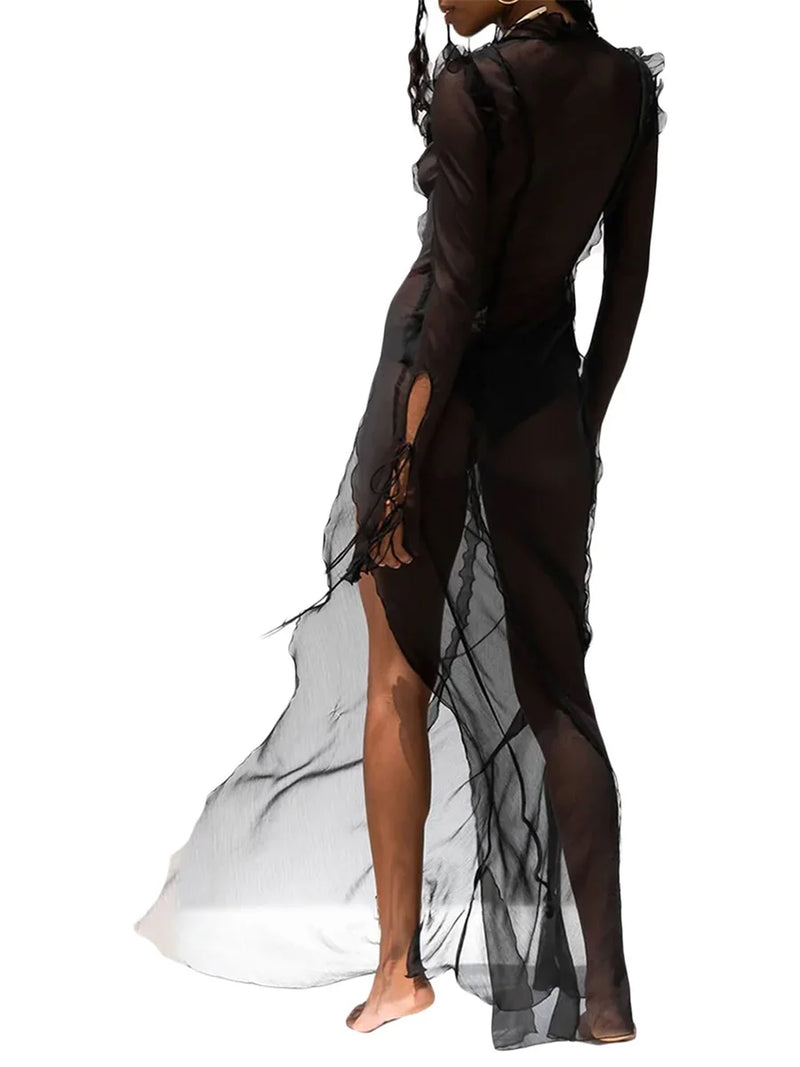 Women Y2k Sexy Sheer Mesh See Through Long Dress Gothtic Long Sleeve Bodycon Dress V Neck Tie Front Side Split Dress